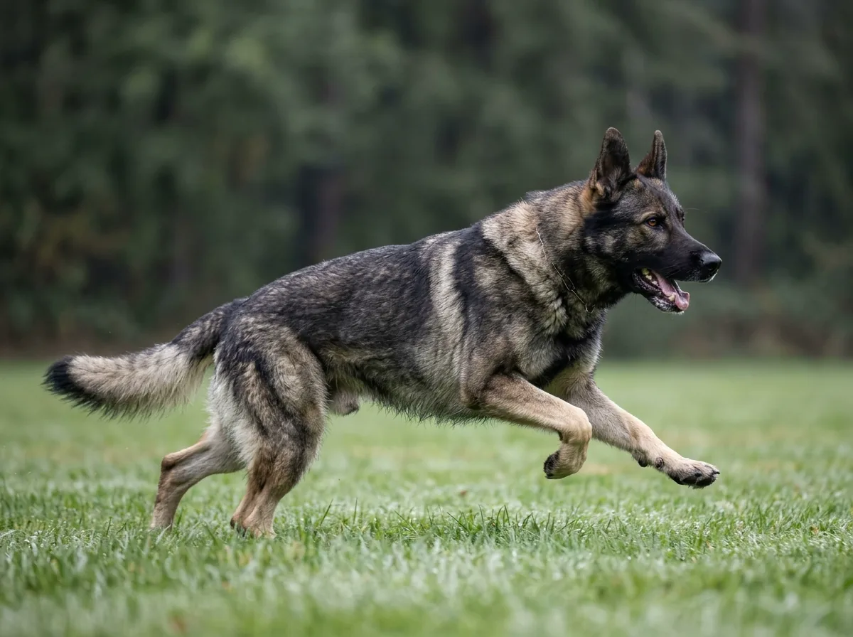 David, unser grauzobelfarbener Deutscher Schäferhund, rennt im gestreckten Galopp über eine Wiese.