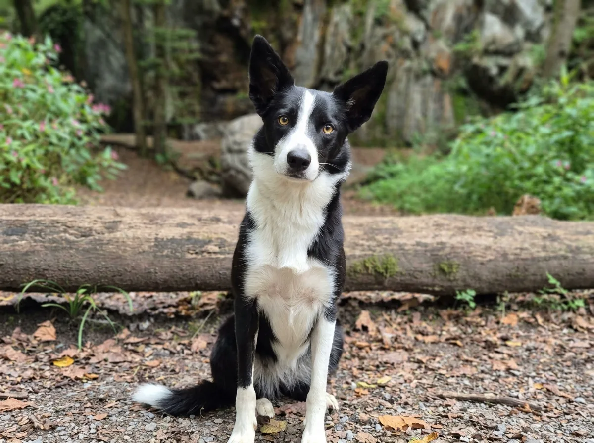 Mii, meine schwarz-weiße Border-Collie-Hündin, sitzt im Wald vor einem umgestürzten Baumstamm und schaut in die Kamera.