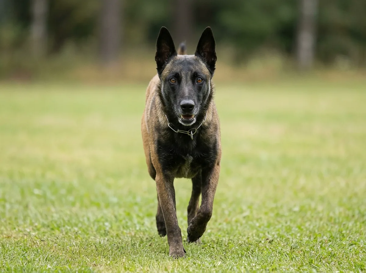 Molly, unsere Belgische Schäferhündin (Malinois), läuft über eine Wiese direkt auf die Kamera zu.